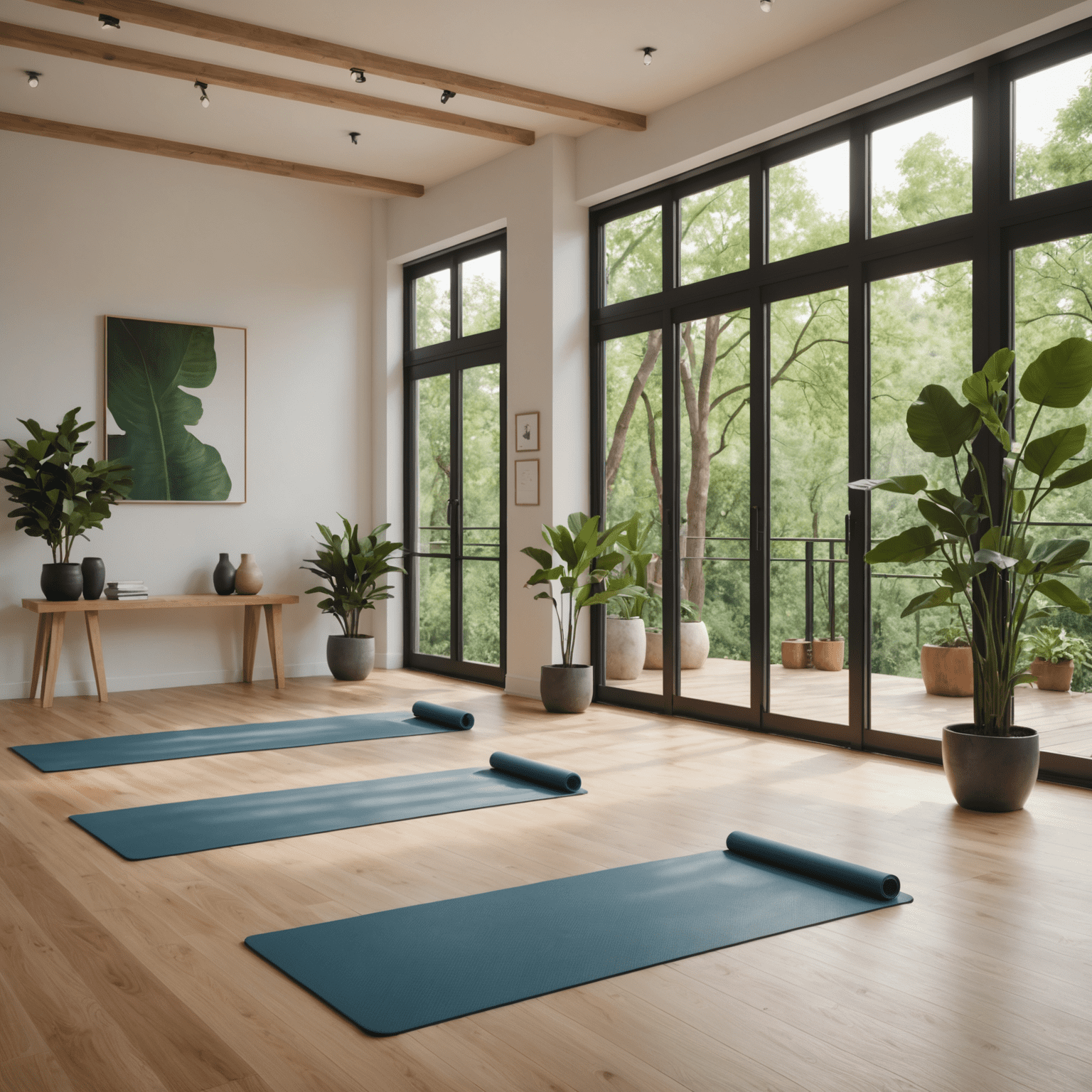 A serene yoga studio with wooden floors, large windows allowing natural light, and minimalist decor. Yoga mats are neatly arranged, and there's a view of lush greenery outside.