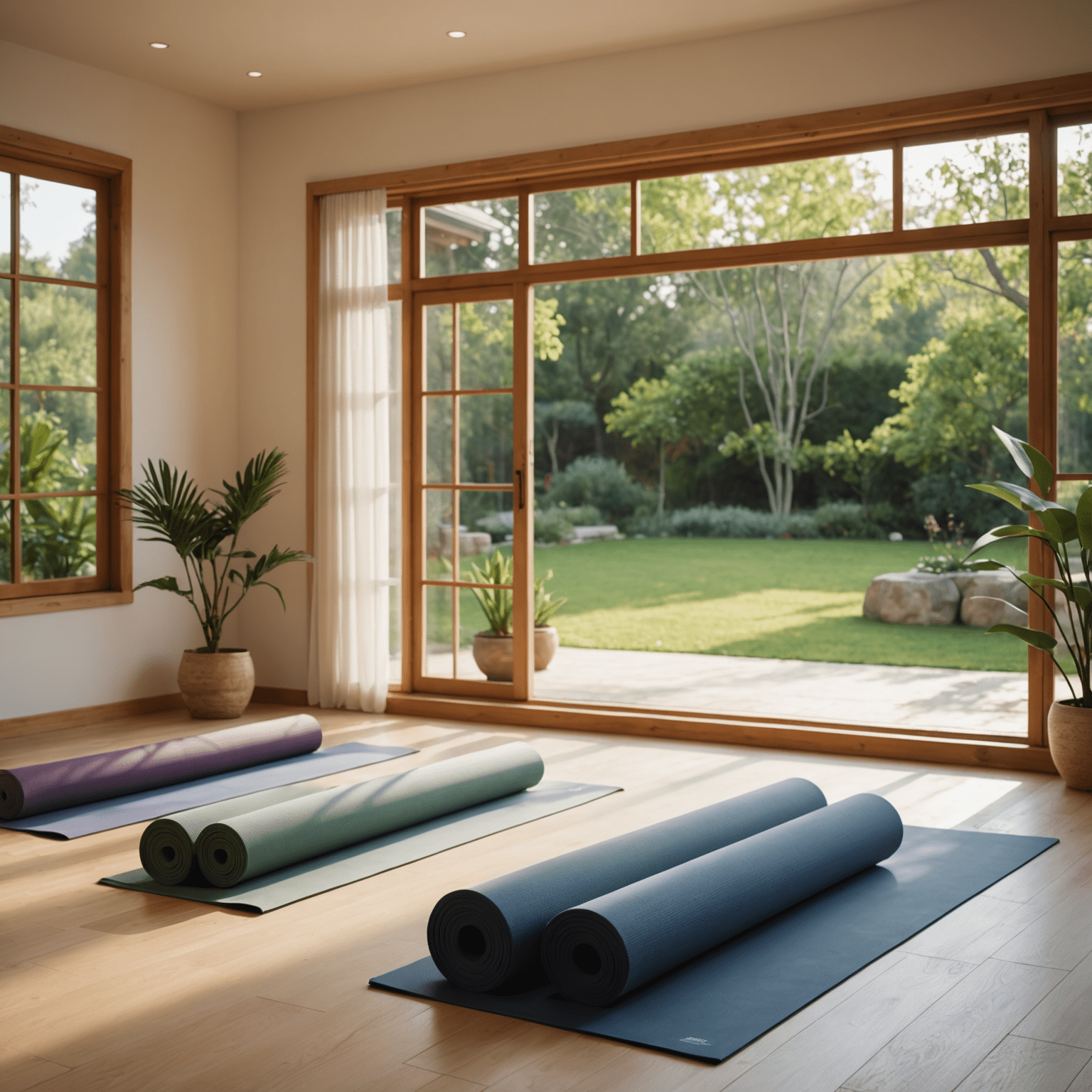 A serene yoga studio with mats laid out, soft lighting, and a view of a peaceful garden, setting the scene for a beginner's yoga class