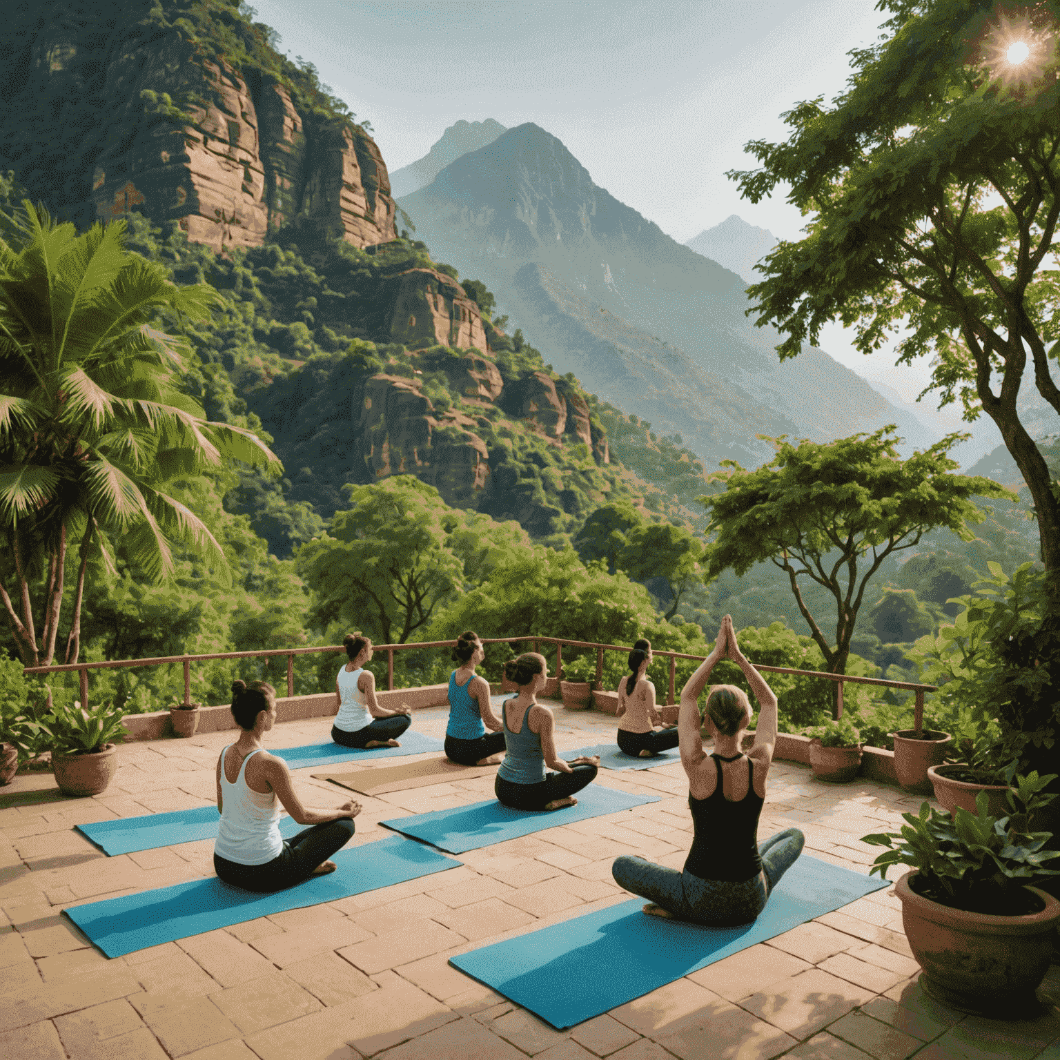 A serene yoga retreat in India, showing a group of people practicing yoga in an outdoor setting with lush greenery and mountains in the background