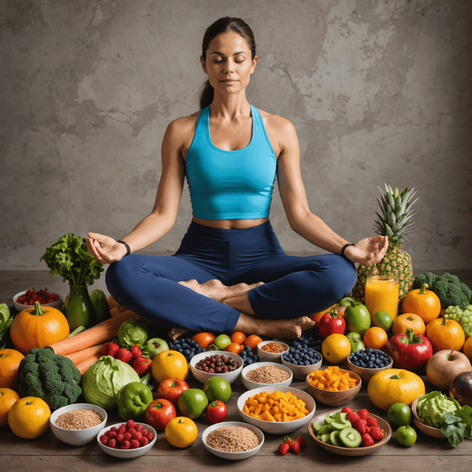 A serene yoga practitioner in a meditation pose with a variety of colorful, healthy foods arranged around them, symbolizing the connection between yoga and nutrition