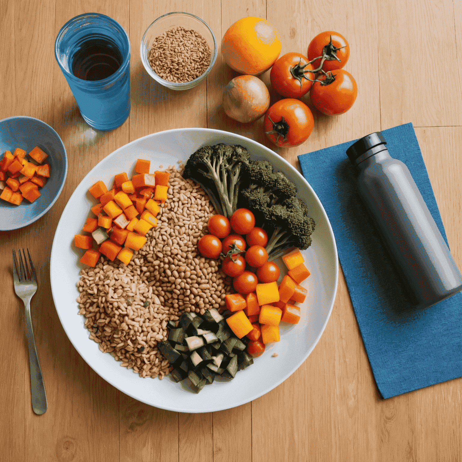 A balanced meal plate with colorful vegetables, whole grains, and lean protein next to a yoga mat and water bottle