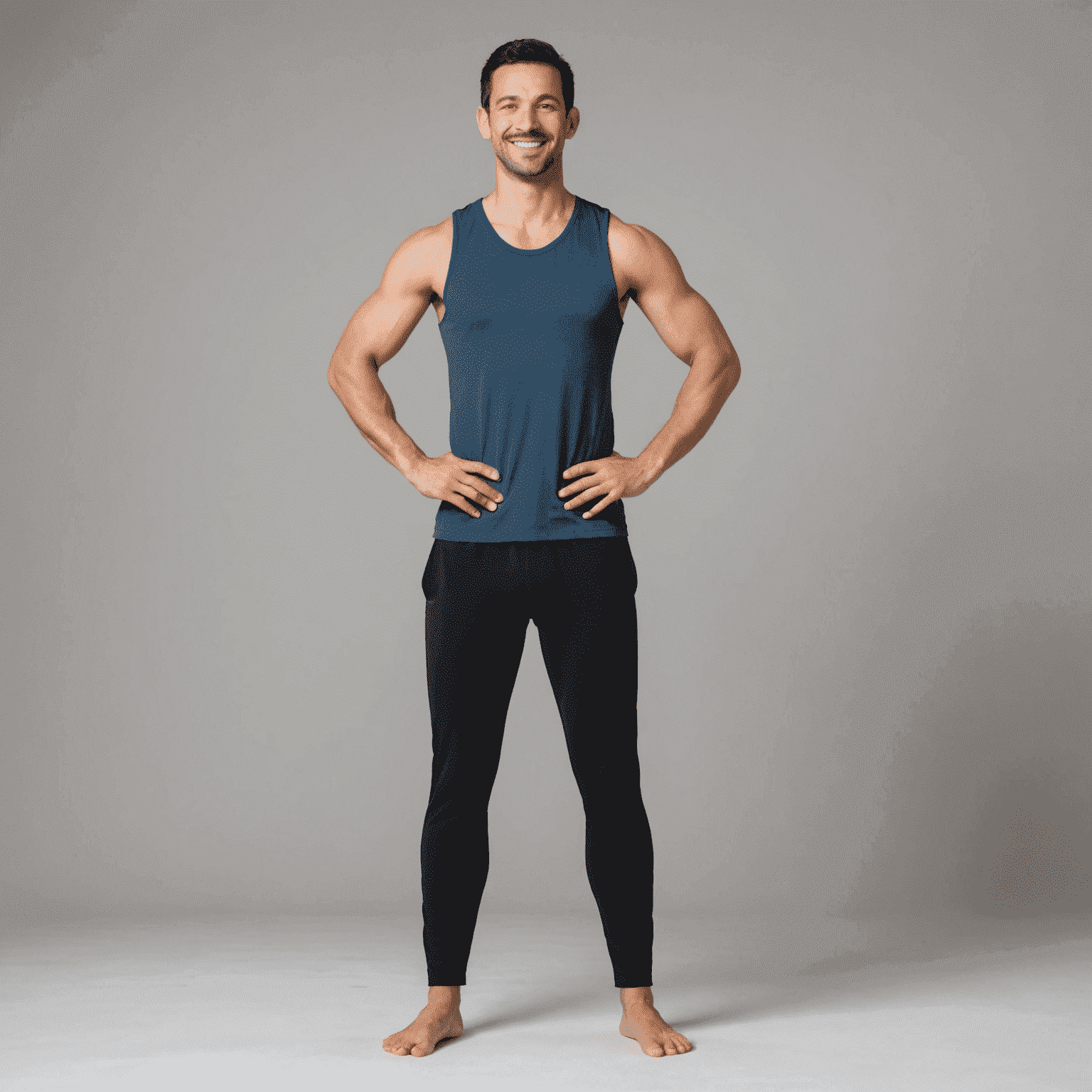 A man in his 30s with a friendly smile, demonstrating a standing yoga pose. He has short black hair and is wearing comfortable, fitted yoga clothes.