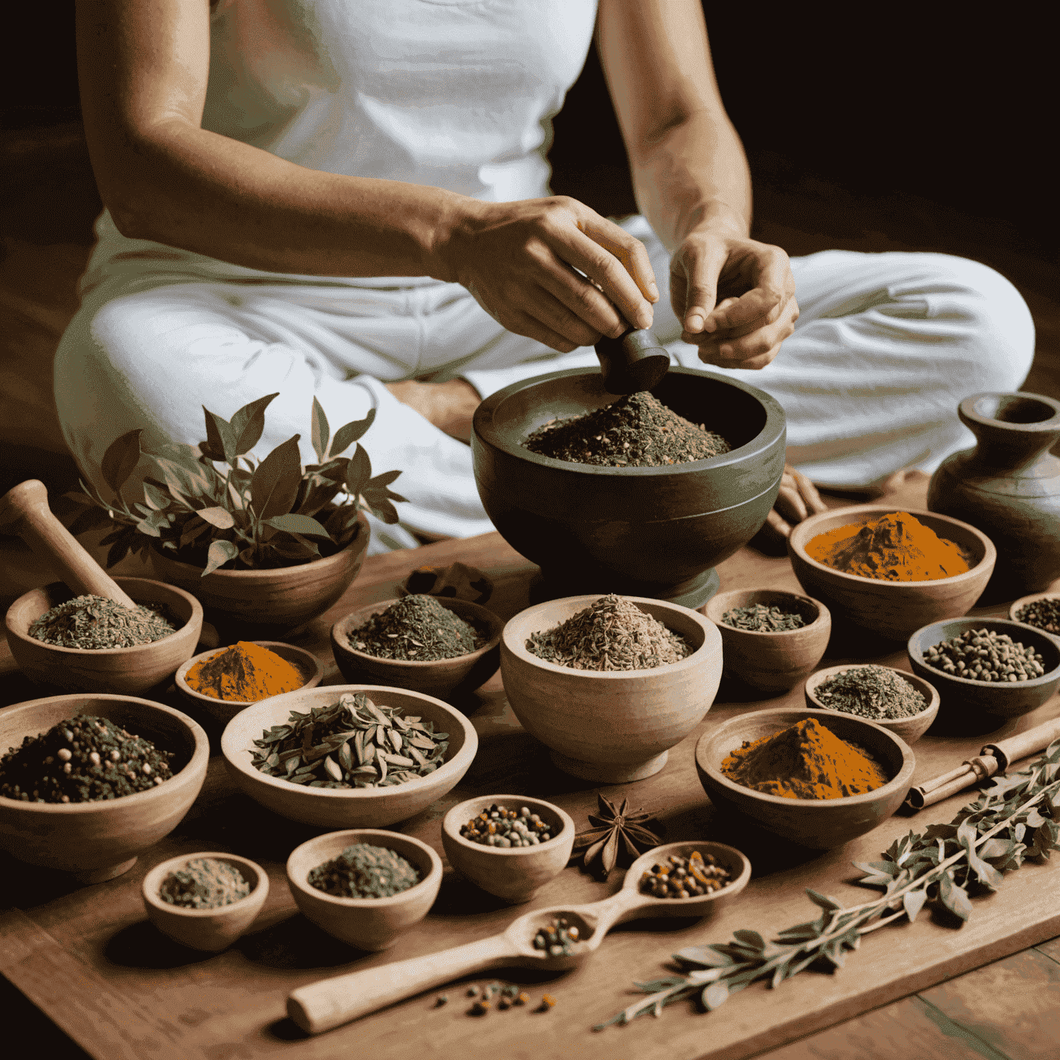 An assortment of Ayurvedic herbs and spices with a mortar and pestle, alongside a yoga practitioner in a peaceful pose