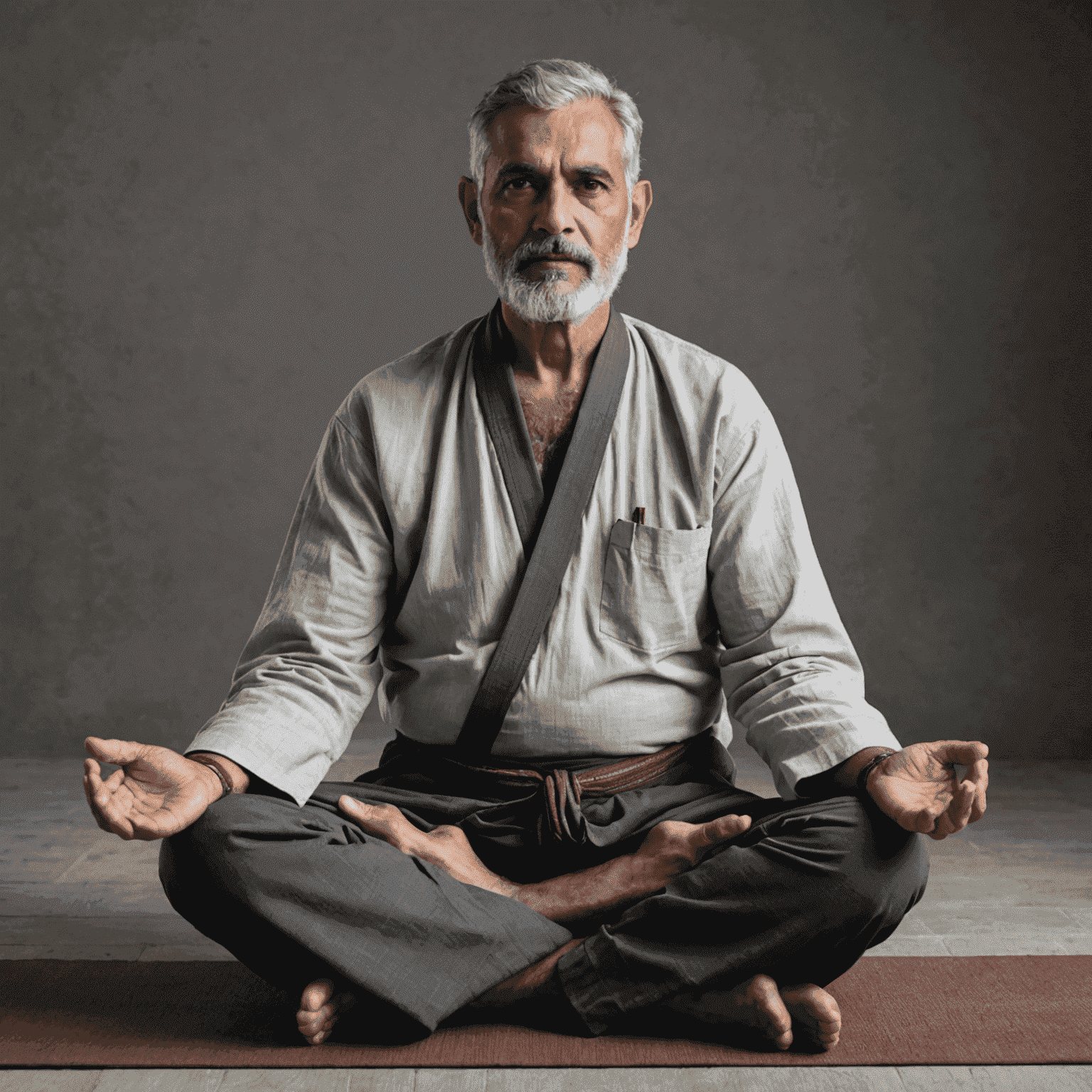 An older gentleman with a calm demeanor, sitting cross-legged. He has grey hair and a short beard, wearing traditional Indian yoga attire.