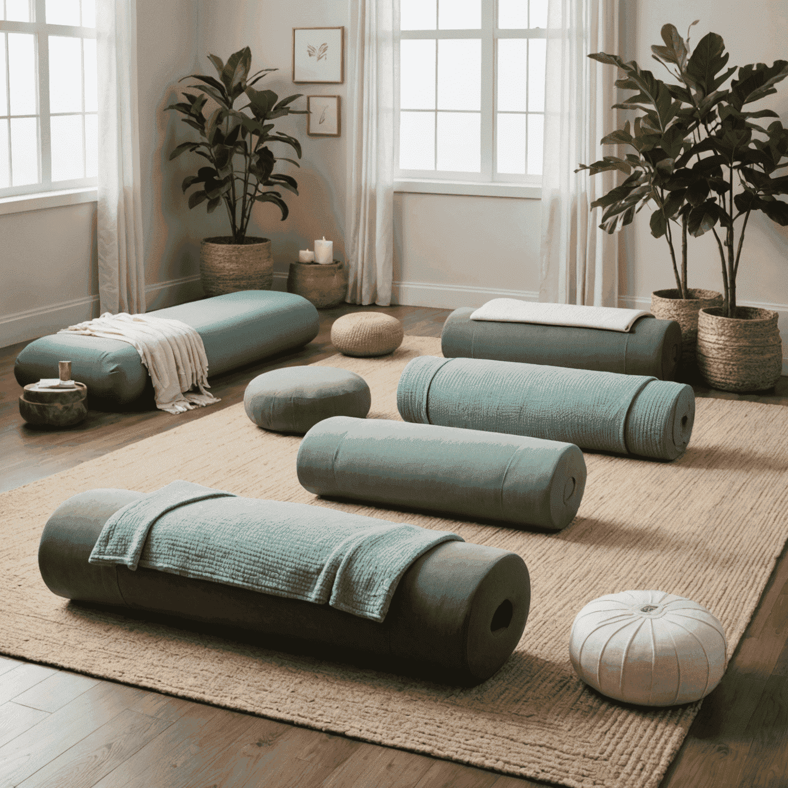 A peaceful restorative yoga setup with bolsters, blankets, and blocks for maximum comfort